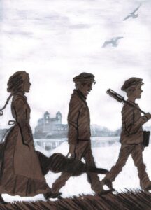 Piirros. Kolme nuorta ihmistä kävelee etualalla kohti kuvan oikeaa reunaa. Etummaisella nuottiteline, keskimmäisellä viulu. Taustalla järven takana Hämeen Linna.