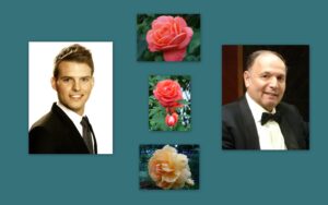 Sinisellä pohjalla viisi eri kuvaa. Vasemmalla nuori mies, oikealla vanhempi mies. Molemmilla puvut. Välissä kolme ruusun kuvaa.