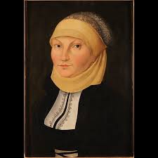 Maalaus Katharina von Borasta. Nainen, jolla päässä keltainen huivi.