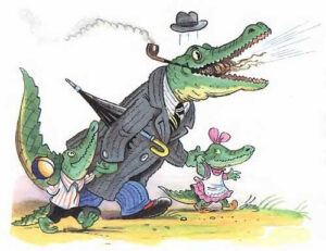 Värillinen piirros. Krokotiili, jolla on pitkä tumma takki, hattu ja kainalossa sateenvarjo. Kävelee käsi kädessä kahden pienen krokotiilin kanssa.