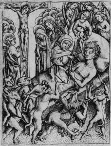 Keskiaikainen mustavalkoinen piirroskuva kuolevasta ihmisestä. Kuolinvuoteen ympärillä erilaisia jumalallisia ja paholaishahmoja.