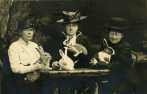 Kolme naista istuu pöydän ääressä hatut päässä. Kaikilla sylissä kani, pöydällä lisäksi yksi kani. Mustavalkovalokuva.