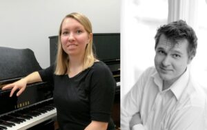 Vasemmalla vaaleahiuksinen nainen pianon vieressä. Oikealla mustavalkoinen kuva lyhythiuksisesta miehestä, jolla on valkoinen kauluspaita.