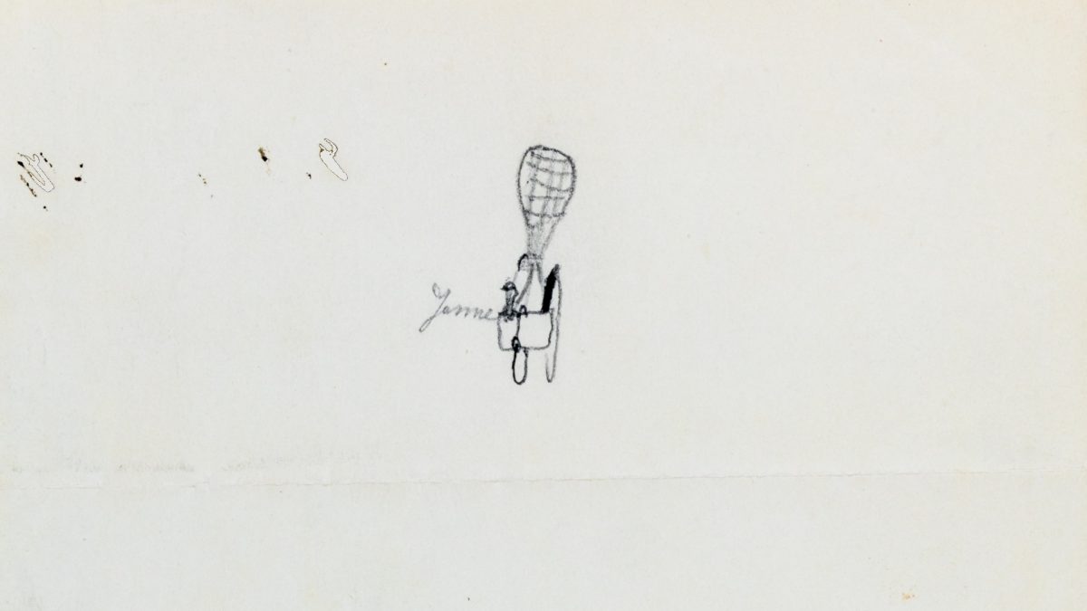 Lapsen piirtämä kuva kuumailmapallosta. Vieressä lukee kaunokirjoituksella "Janne".