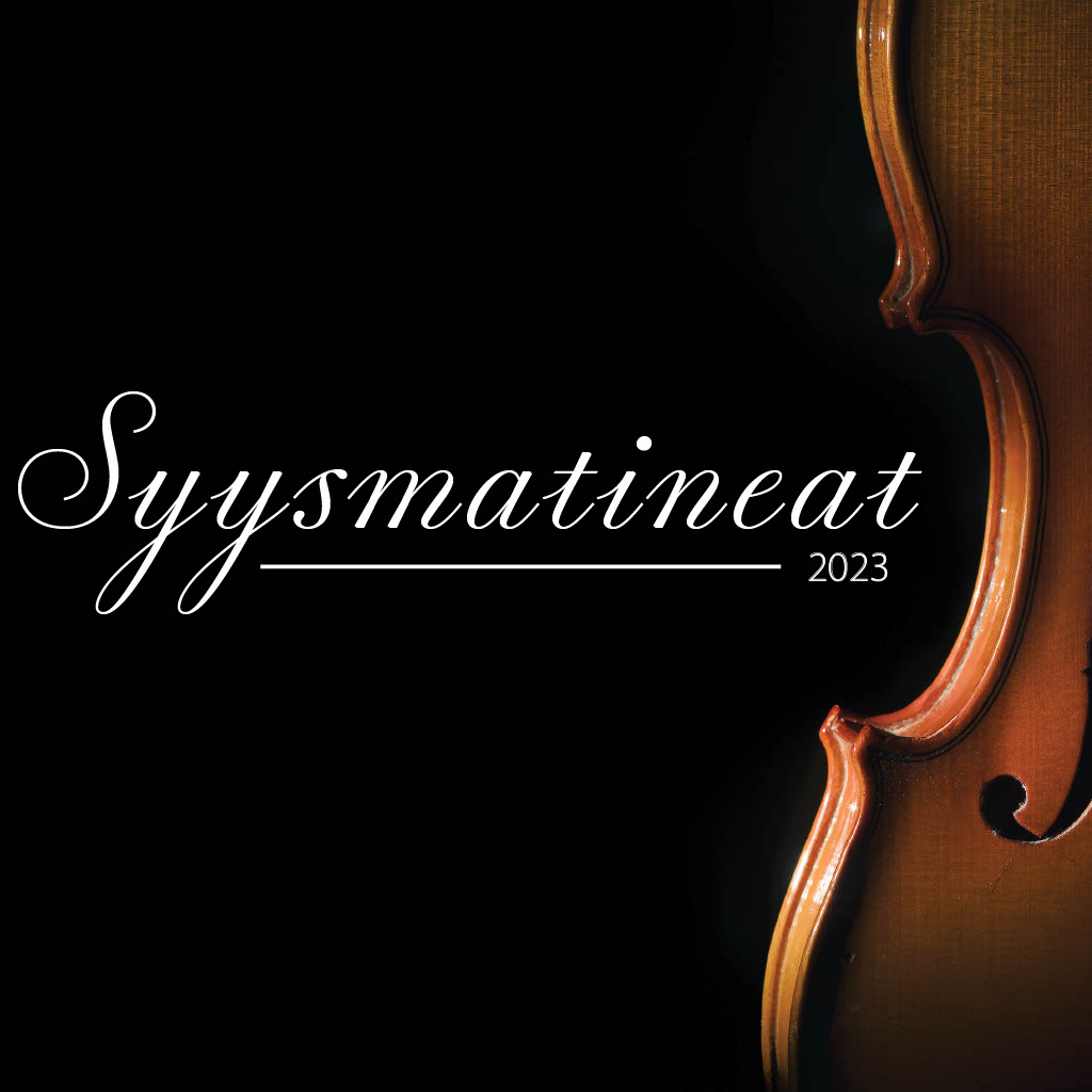 kuvassa viulu mustaa taustaa vasten ja valkoinen teksti "syysmatineat 2023"