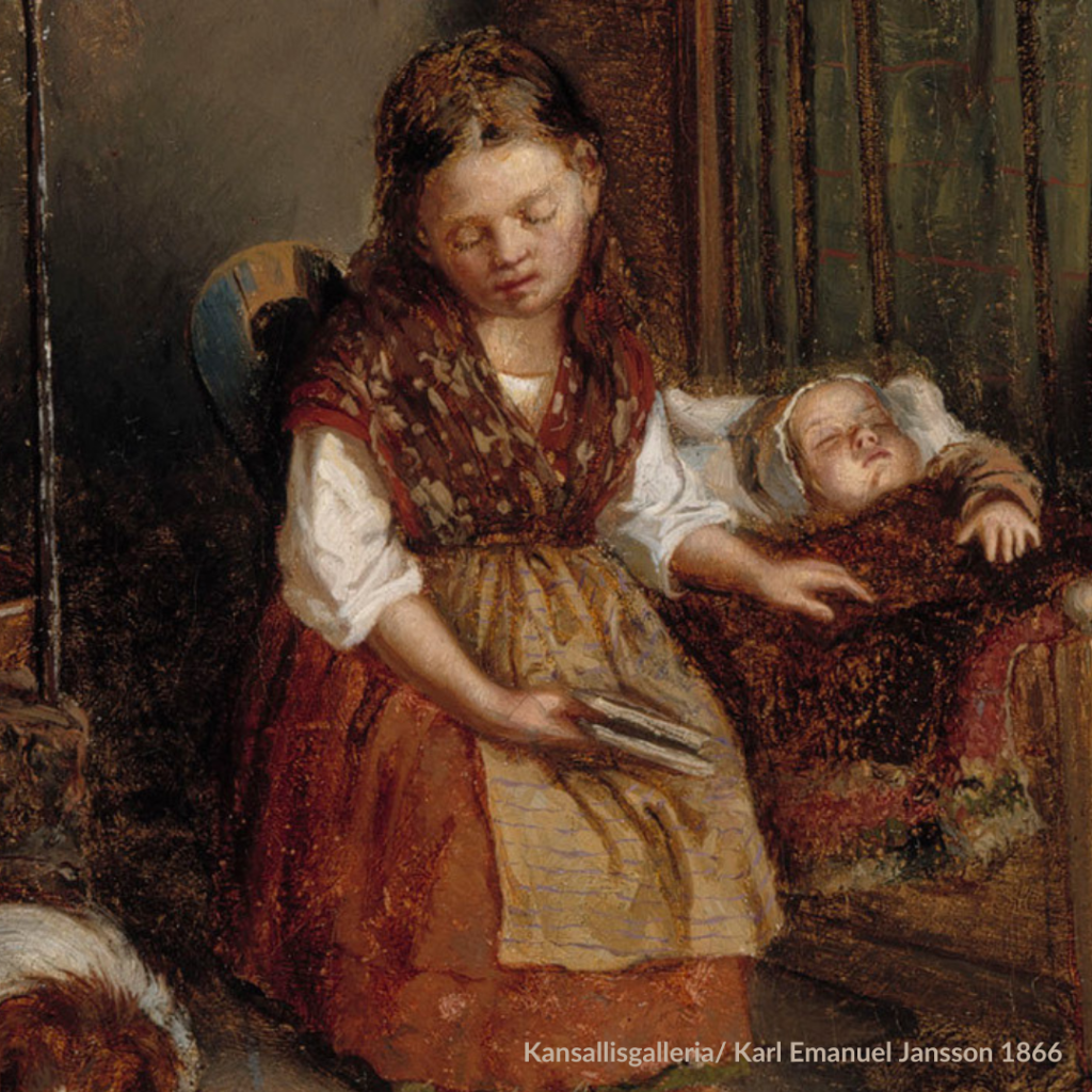 Näyttelyssä esillä oleva maalaus pienestä tytöstä, joka alaspäin katsoen hoitaa kehdossa makaavaa vauvaa. Lasten vieressä lattialla makaa koira. 