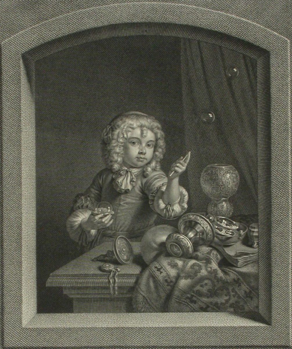 Ikkunan takana lapsi 1700-luvun asussa ja kiharaisessa peruukissa pitää kädessään saippuakuplaa ja toisessa kädessään pilliä. 