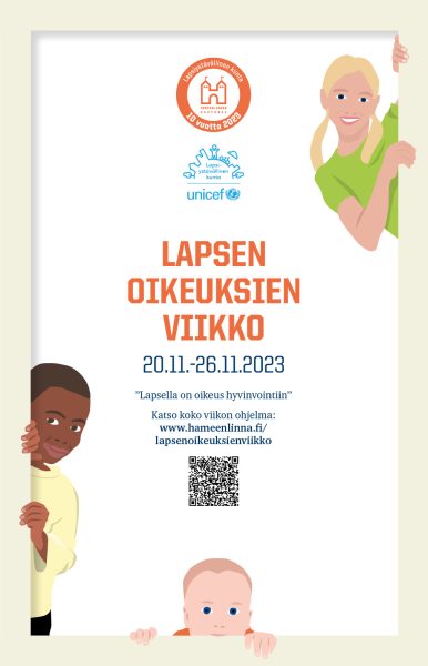 Kuvassa lukee: Lapsen oikeuksien viikko 20.-26.11.2023. "Lapsella on oikeus hyvinvointiin" Katso koko viikon ohjelma: www.hameenlinna.fi/lapsenoikeuksienviikko