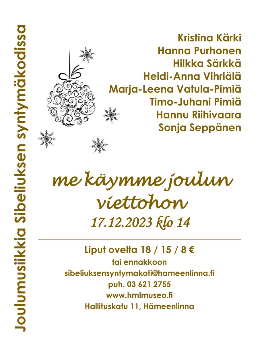 Tekstimuotoinen mainos joulukonsertista SIbeliuksen syntymäkodissa.