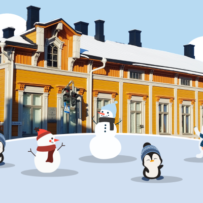 Kuvituskuva. Taustalla valokuva Palanderin talosta, etualalla mäen päällä piirrettyjä pingviinejä, lumiukkoja ja nalle.