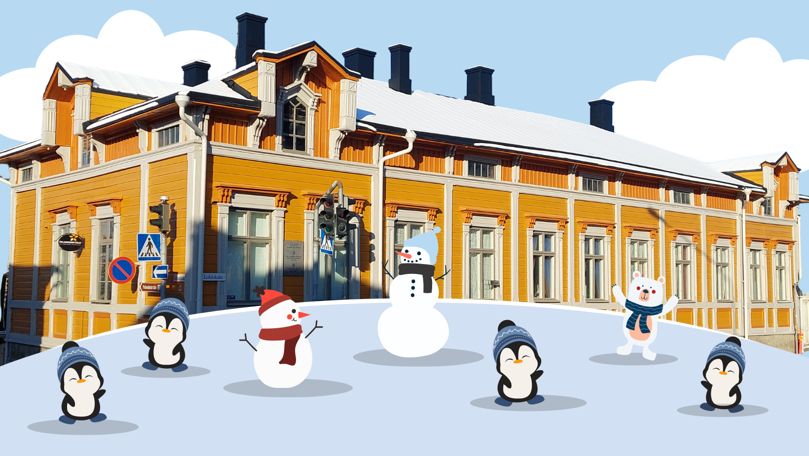 Kuvituskuva. Taustalla valokuva Palanderin talosta, etualalla mäen päällä piirrettyjä pingviinejä, lumiukkoja ja nalle.